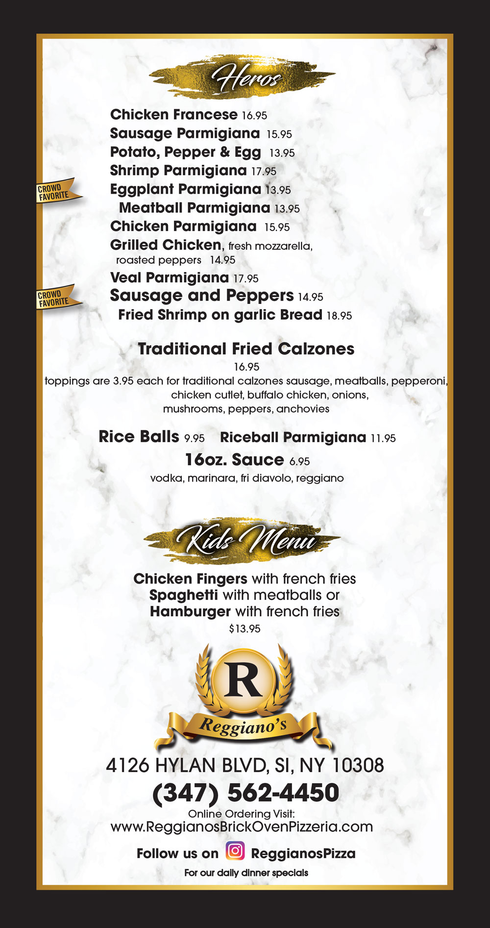 Reggianos Menu